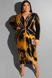 Vibrant Yellow Tie Dye Long Sleeve Plus Size Dress - Perfect for Casual Days 