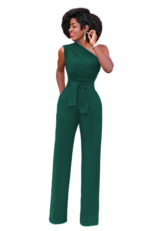 Elegant Plus Size One Shoulder Jumpsuit - Sleeveless, Wide Leg, Belt ...