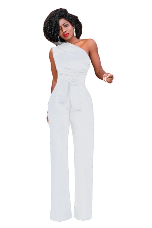 Elegant Plus Size One Shoulder Jumpsuit - Sleeveless, Wide Leg, Belt ...