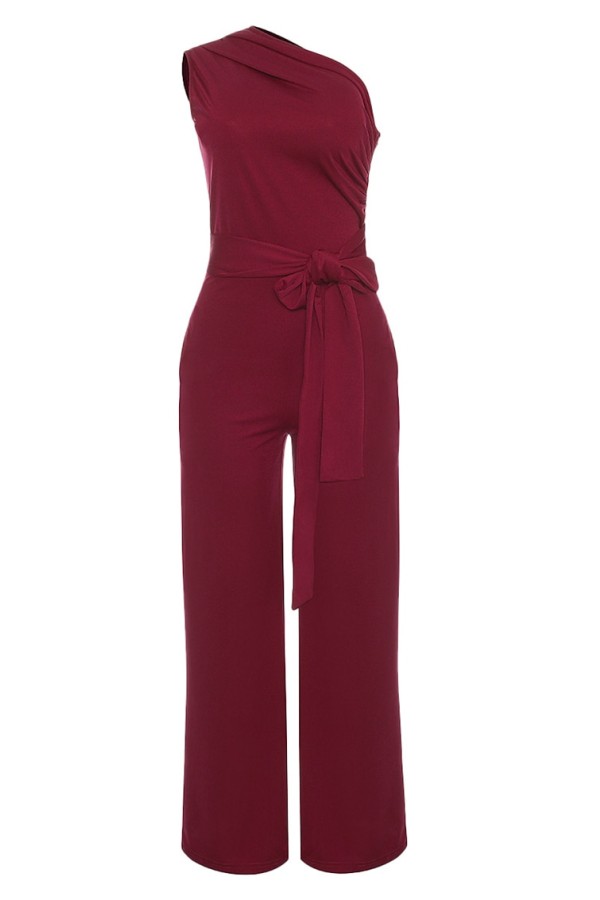 Elegant Plus Size One Shoulder Jumpsuit - Sleeveless, Wide Leg, Belt ...