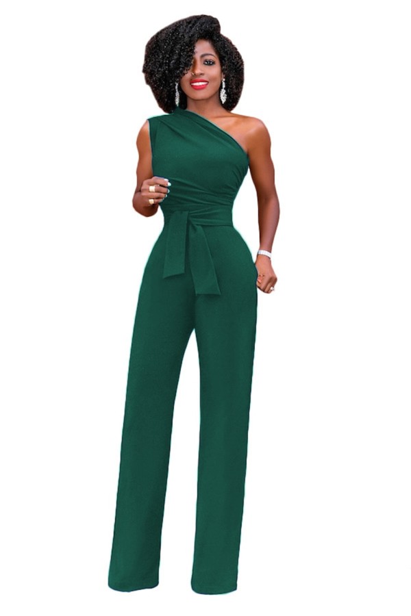 Elegant Plus Size One Shoulder Jumpsuit - Sleeveless, Wide Leg, Belt ...