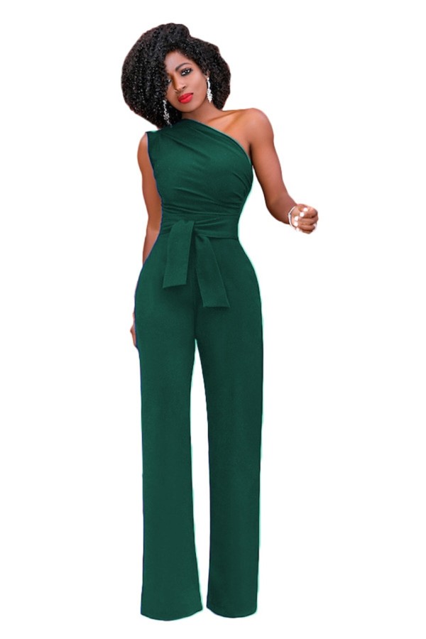 Elegant Plus Size One Shoulder Jumpsuit - Sleeveless, Wide Leg, Belt ...