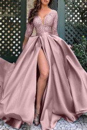 Spring-Autumn Elegance: Floor-Length Lace Split Satin Maxi Dress Plus Size