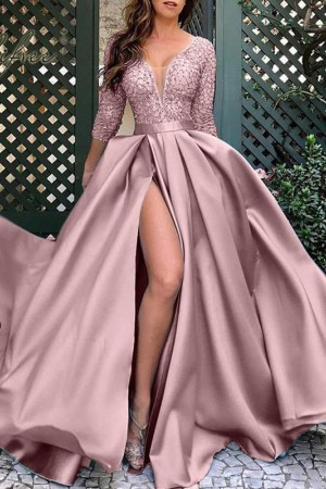Spring-Autumn Elegance: Floor-Length Lace Split Satin Maxi Dress Plus Size