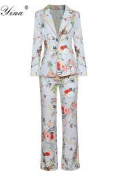 Designer Spring Long Sleeve Single Button Suit Tops+floral Pocket Trousers Twopiece Set
