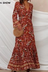 Bohemia Buttons Neck Floral Sleeve Gypsy Adjustable Lacing Up Waist Maxi Long Dress Boho Holiday