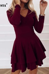 Elegant Spring Office Professional Aline Ruffle Solid Party Dress with Long Sleeves