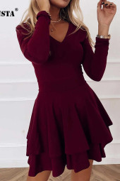 Elegant Aline Ruffle Solid Dress Long Sleeve Darkblue Elegant Aline Ruffle Solid Dress Long Sleeve Darkblue