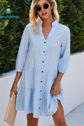Summer Breeze: Light Blue Plaid Button Up Casual Sundress with Ruffled Hem Mini Dress