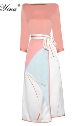 Fashionable Summer Style: Pink Loose Pullover Tops and Slim Midi Stripe Skirts Two Pieces Set