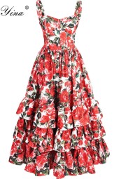 Designer Summer Floral Cascading Ruffle Runway Ball Gown Beach Dress with Spaghetti Straps and Backless Design