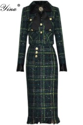 Designer Winter Plaid Tweed Skirt Suit with Bow Beading, Long Sleeve Jacket and Tassel Skirt Pieces Set