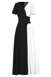 Elegant Summer Office Style: White & Black Patchwork Short Sleeve Dress