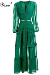 Elegant Autumn Vibes: Designer Green Lantern Sleeve Ruffled Dress