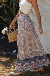 Elastic Waist Maxi Skirt Loose Casual Vintage Beige Floral Cotton Summer Skirts Beach Boho Long Falda