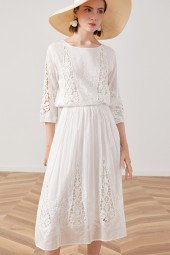 Elegant Autumn Vintage Midi Dress - White Floral Embroidery on Silk Cotton Lace