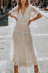 Summer-Ready Bohemian V-Neck Maxi Dress with Lace and Short Sleeves