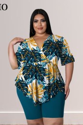 Bohemian Beauty: Plus Size Summer Two Piece Set with Neck Top and Short Pant Suit