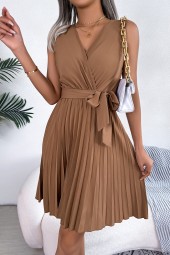 Summer Breeze: Casual Neck Sleeveless Pleated Knee Length Dress in Black, Blue, and Brown