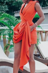 Orange Double Breasted Sleeveless Dress with Pleated Hemline - Spring Suit