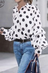 Polka Dot Lantern Sleeve Spring Loose Shirt Tops Blusa Mujer