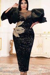 Sequined Patchwork Black Velvet Sheath Dress - Plus Size