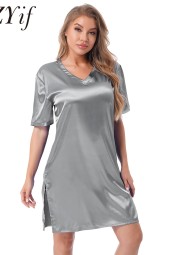 Men's Satin Night Shirt: Short Sleeve, Split Sides, and Neck Design for Ultimate Comfort and Style