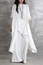 Summer-Ready Kaftan Tracksuits: Half Sleeve Irregular Blouse & Wide Leg Pants