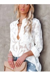 Streetwear Mesh Long Sleeve White Flower Jacquard Button Down Shirt