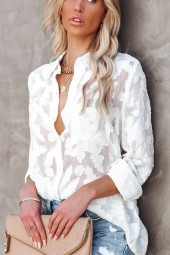 Streetwear Mesh Long Sleeve White Flower Jacquard Button Down Shirt