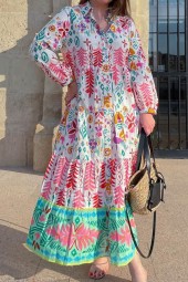 Floral Patchwork Lapel Midi Dress: Summer Beach Style Chic Slim