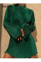 Elegant Long Sleeve Streetwear Bodycon Green Fall Mini Dress Autumn Business
