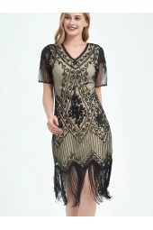 Embellished Beaded Sequin Robe Flapper Vintage Neck Butterfly Sleeve Long Great Gatsby Dress