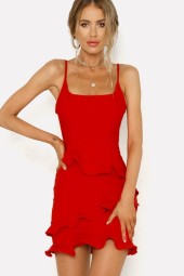 Red Spaghetti Straps Ruffles Backless Casual Dress