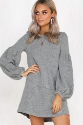 Chic Gray Puff Sleeve Round Neck Shift Dress for Casual Days