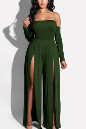 Fresh and Flirty Green Off-Shoulder Jumpsuit with Shirred Slit Detail