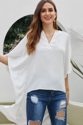 Elegant White Chiffon High-Low Blouse with Bat Sleeves