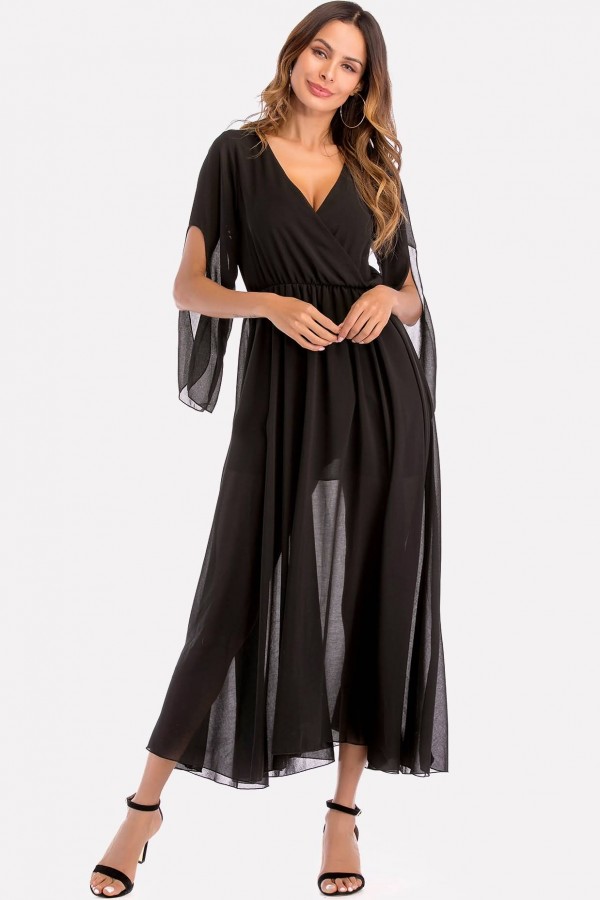Elegant Black V-Neck Chiffon Maxi Dress with Wrap Slit Sleeves