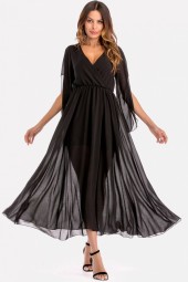 Elegant Black V-Neck Chiffon Maxi Dress with Wrap Slit Sleeves