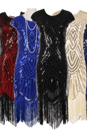 Vintage Flapper Great Gatsby Party Dress Vneck Sleeve Sequin Fringe Midi Dress Accessories Art Deco Embellished