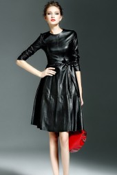 Autumn-Ready: Faux Leather Slim Long Sleeve Oneck Pu Dress High