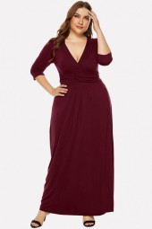 Darkred Plunging Long Sleeve Casual Maxi Plus Size Dress - Perfect for Any Occasion 