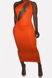 Fiery Orange One-Shoulder Bodycon with Ribbed Cutouts
