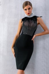 Glamorous Bandage Sleeveless Black Feather Bead Club Dress