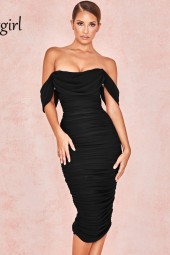 Off Shoulder Party Summer Backless Bodycon Black Dress Midi