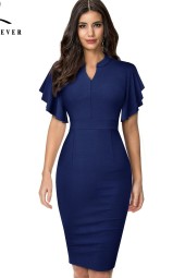 Vintage Solid Color Elegant Office Work Business Party Bodycon Ruffle Pencil Dress - Perfect for Any Occasion 
