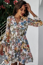 Beautiful Blooms: Floral V-Neck Tied Waist Ruffles Hem Long Sleeve Casual Chiffon Dress