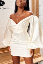 Elegant Off-Shoulder White High-Waist Bodycon Dress with Layered Lantern Sleeves and Backless Mini Robe