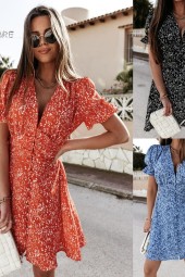 Summer Chic: Aline Streetwear Singlebreasted V-Neck Dress with Ruffles and Slim Waistline