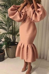 Spring Vintage Puff Long Sleeve Ruffle Elegant Vneck Solid Bodycon Mermaid Dress Office